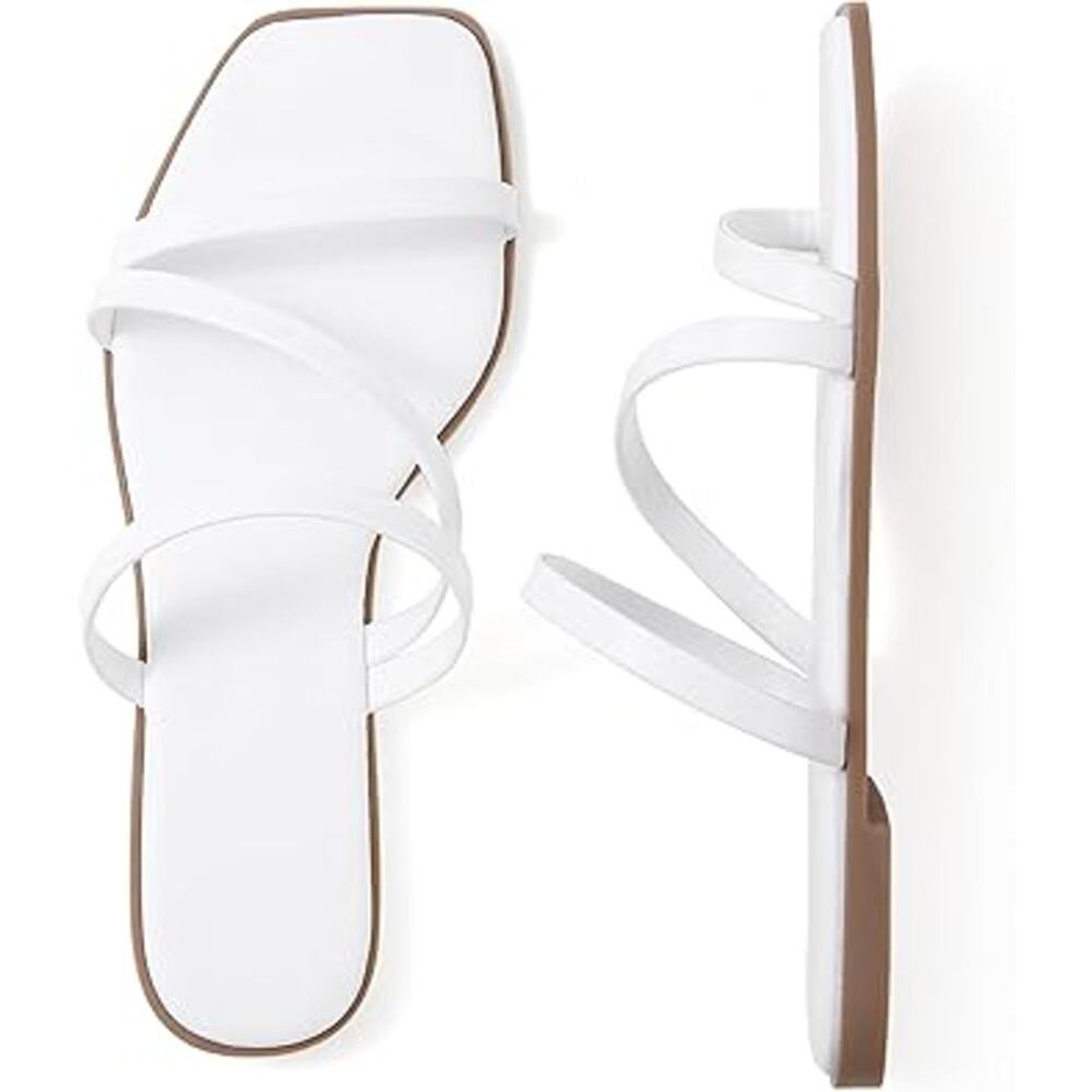 Lacuone Womens 10.5 White Faux Leather Open Toe Strappy Slide On Flat Sandals